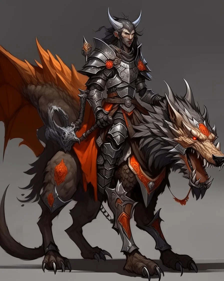 A combination of a dragon and a wolf and a commander riding on it Warrior warrior with leather and metal clothes and robotic metal