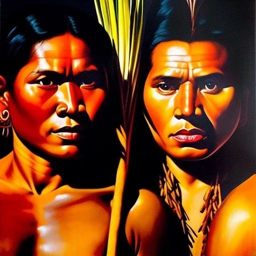 Fullbody Portrait oil on canvas of 'amazon jungle tribal warriors'wooden masks,spears,hyperrealism,intense stare,Ambiance dramatic,painting by Arthur Adams,Earl Norem,Caravaggio,simon Bisley,frazetta,Howard,西嘛哒, evan lee, Vallejo,kelly , cinematic composition, extreme detail,fit full body inside picture,8k