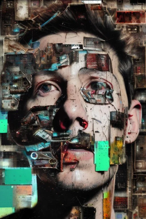 Ultra detailed medium portrait painting of close-up surrealism,disturbed person looking into the camera lens , torn up collage of clippings, broken circuitry background, matrix effects, punk visual art, punk art aesthetic, graffiti art, pop surrealism, collage art, cluttered paint glitches