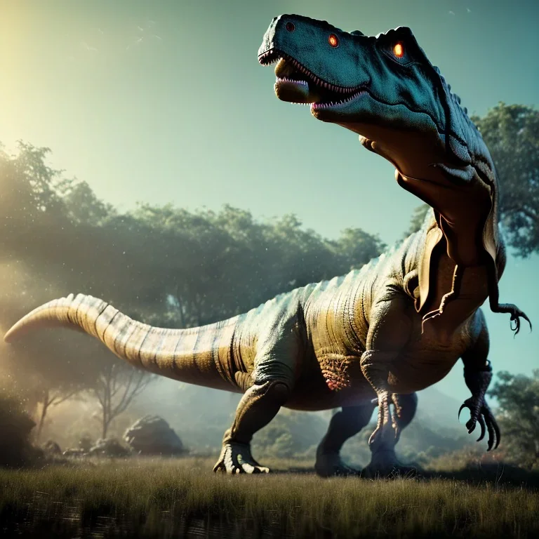 A giant dinosaur eating a giant omelet, deviantart, Photorealistic, polychromatic, geometric, filmic, complex, Photography, Nikon D850, HDR, 64 megapixels, IMAX, 8k resolution