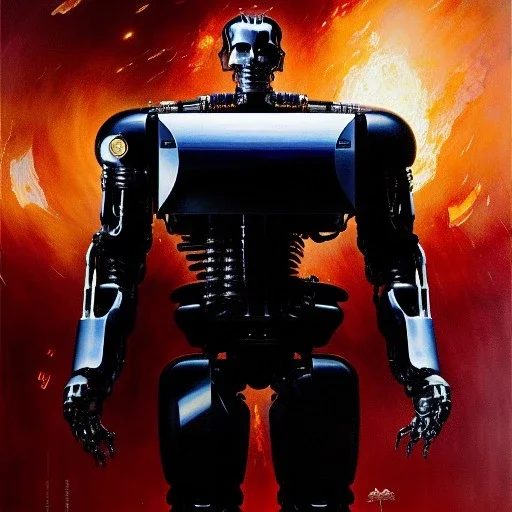 Drawing of 'Terminator T-800 Endoskeleton' painting by gaston bussiere, greg rutkowski, yoji shinkawa, yoshitaka amano, tsutomu nihei, donato giancola, tim hildebrandt,KyuYong Eom,Ren Wei Pan Oil on canvas, cinematic composition, extreme detail,fit full head inside picture,16k