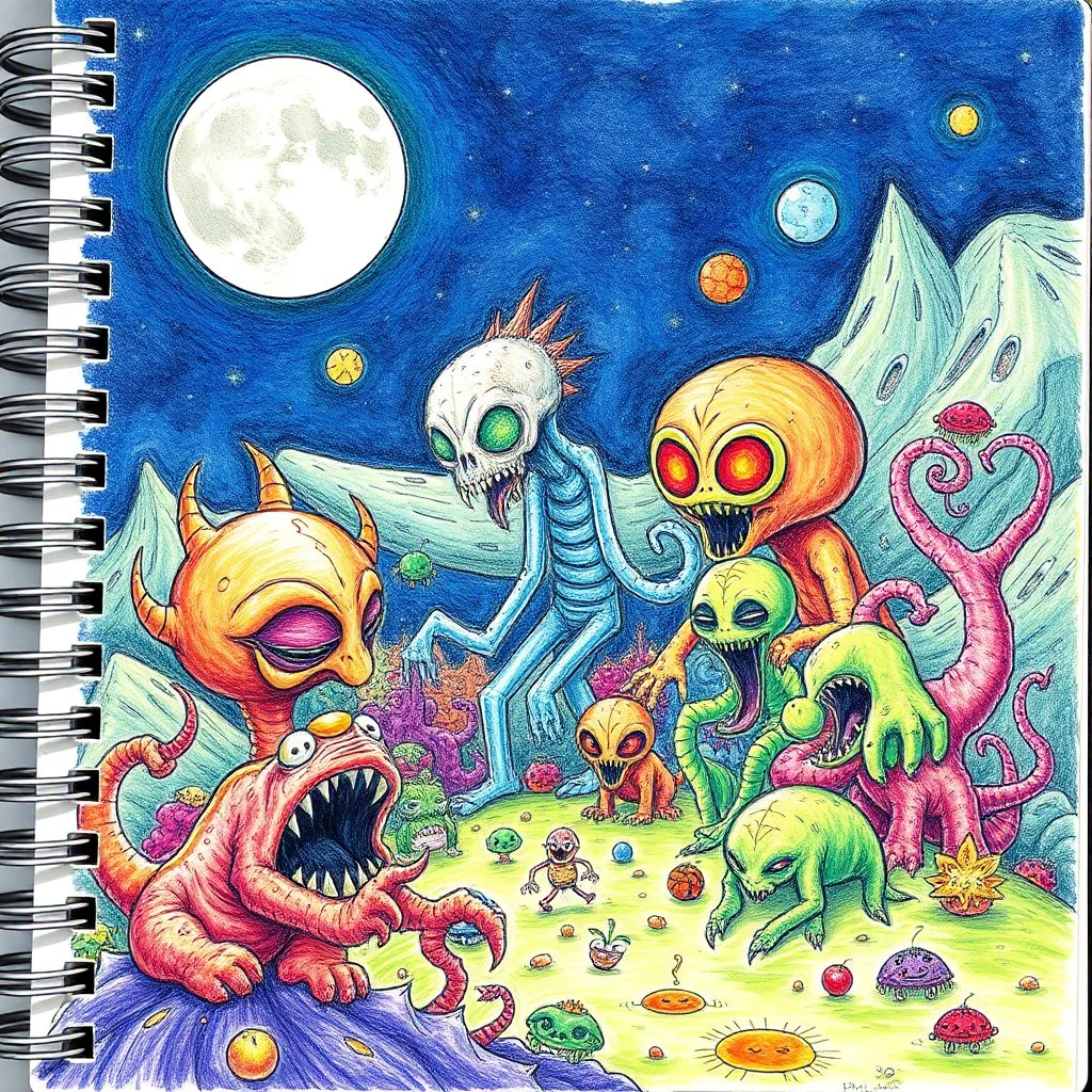 rich color pencil hand doodle sketch on a spiral binder notebook page, psychedelic alien beasties under a full moon, in the style of Don Hertzfeldt and Jon Carling and Jeff Soto, incredible busy doodle world