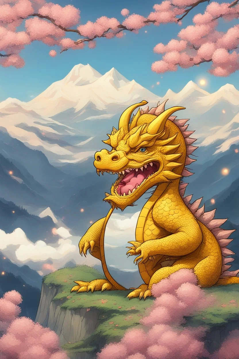 Huge Bitcoin and small dragon, moutains are far away, it is happy new year, we can see flowers are in full bloom