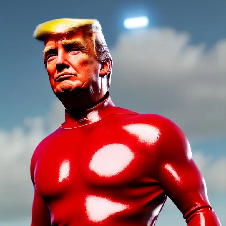 Realistic image of Donald trump super hero, retro style, watchmen style, red and blue breeches, glow confederate flag dress, suspenders, latex material, 80s, vibrant color, highly detailed, sky background, concept art, unreal engine 5, god rays, ray tracing, RTX, lumen lighting, ultra detail, volumetric lighting, 3d, finely drawn, high definition, high resolution.