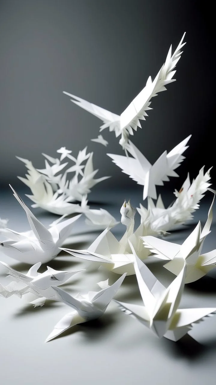 A white sky with singing birds designed in Japanese origami painted by Francis Danby