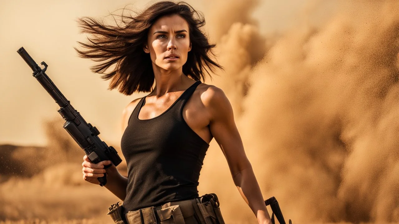 beautiful slender caucasian female technician, black tank top, well toned muscles, weathered face, scratched sand camo metal details, short brunette wavy bob haircut, dystopian, desert scene, being hit by a bullet, explosions in background, wounded by gunfire