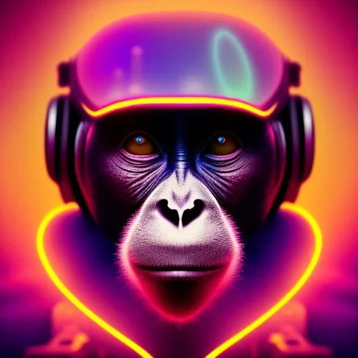 A beautiful portrait of a cyborg monkey purple neon color scheme, high key lighting, volumetric light high details psychedelic background