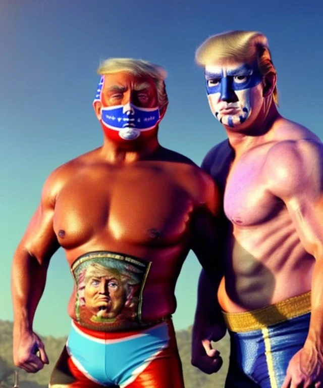 Realistic image of Donald trump wrestler, Mexican wrestling style, Mexican wrestling mask, chin and nose visibles, red and blue breeches, glow us flag dress, suspenders, retro style, 80s, vibrant color, highly detailed, sky background, concept art, unreal engine 5, god rays, ray tracing, RTX, lumen lighting, ultra detail, volumetric lighting, 3d, finely drawn, high definition, high resolution.