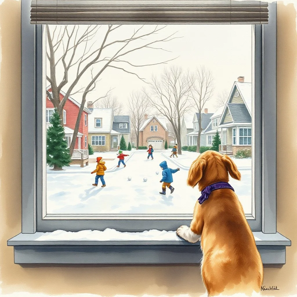 watercolor painting of a puppy looking out a bay window at kids having a snowball fight in a suburban street, by Norman Rockwell aesthetic