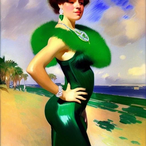 fullbody portrait of beautiful booty young busty atletic amazon woman with big green emerald eyes with big emeralds necklace by Joaquín Sorolla 8k