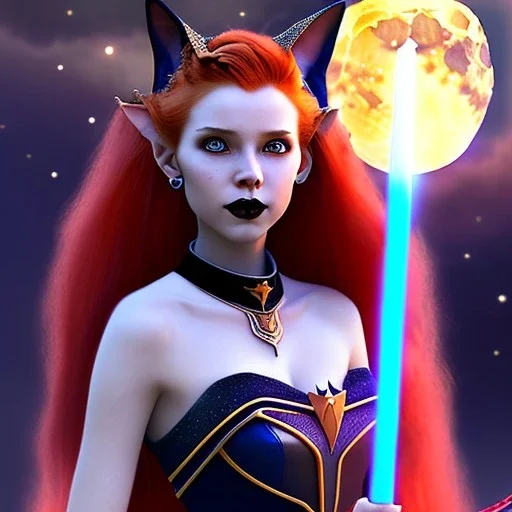 Attractive teenage girl with fire red hair, who is dressed like a witch casting a spell with a quarterstaff on the moon, she has cat ears and open dazzling blue eyes, has a normal nose, background is realistic space, the girl is on a planet, black goth girl dress, full body portrait, arm colors gradient effect into stars, rendered, unity 3d, unreal engine, dslr, hdr, 4k, edited, photorealistic, normal number of appendages, freckles, artists rendered, delicate features