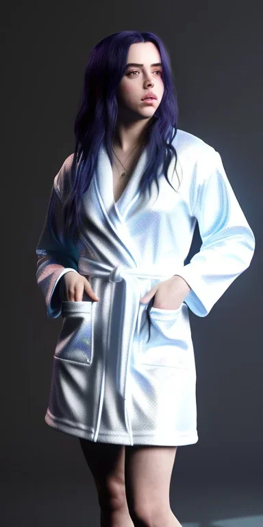 Billie Eilish, bathrobe, stockings, high detail, realistic, 8k, not to be distinguished from a photo, identical pupils