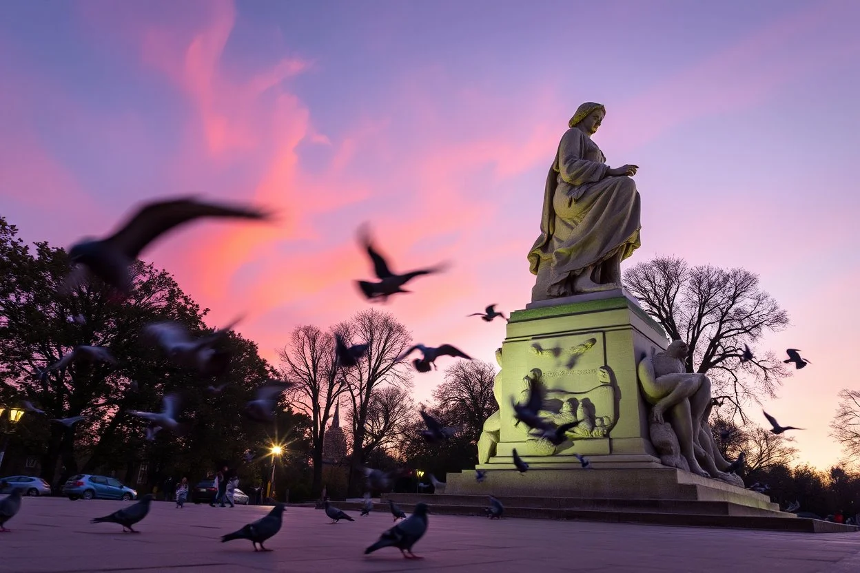 Park statue coming alive at twilight, stone becoming flesh gradually, pigeons unfazed, living monument