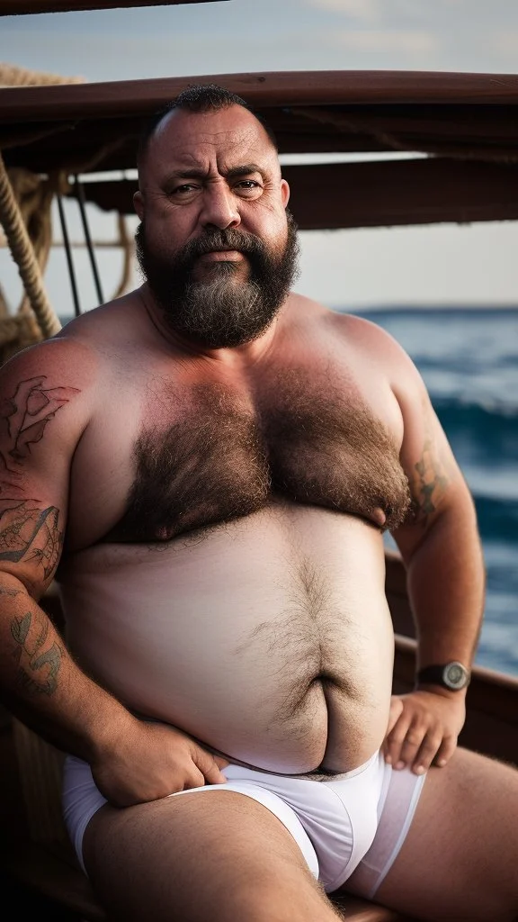 photography of a burly marocan fisherman sunbathing sitted in a fisher wooden boat, in little white french briefs, tattoo, manly chest, ugly, 54 years old, bullneck, white long beard, dreadlocks, muscular chubby, angry eyes, photorealistic, Canon EOS, 8k