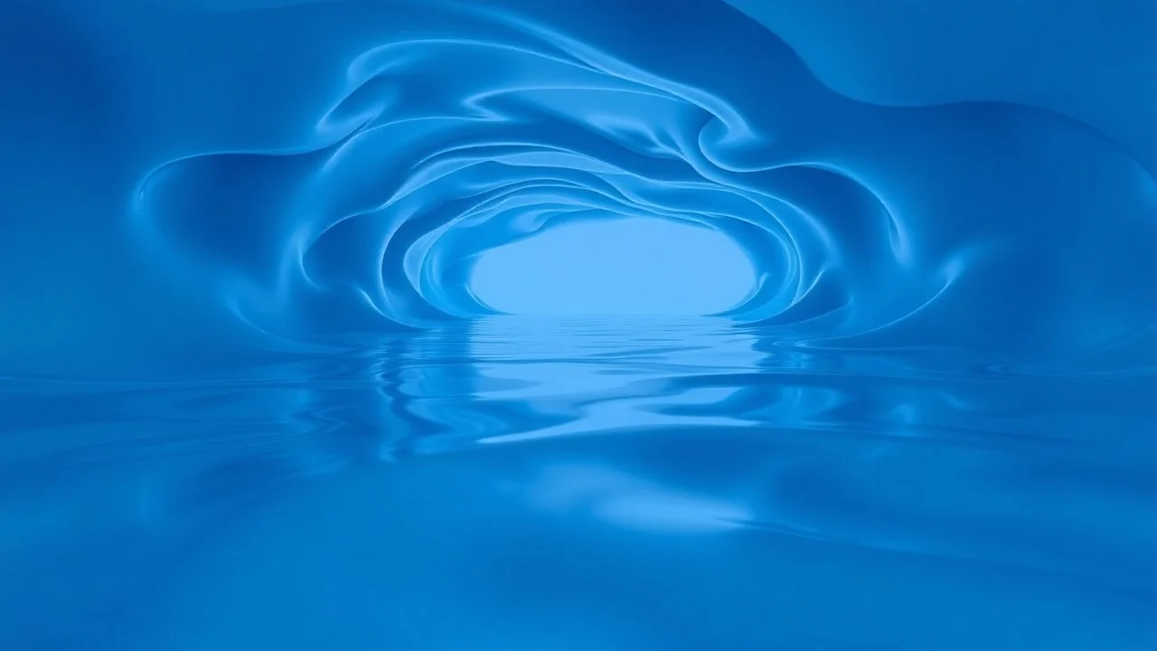 liquid plane of impossible color that transcends the known blue, extending towards a non-Euclidean horizon where spatial rules dissolve, surface that functions simultaneously as a mirror and portal, reflecting pure geometric forms that are not present in the visible environment, mathematically perfect undulations that create self-replicating fractal patterns as they expand, depth that cannot be measured in conventional units but in overlapping layers of reality, abstract figures that could be sw