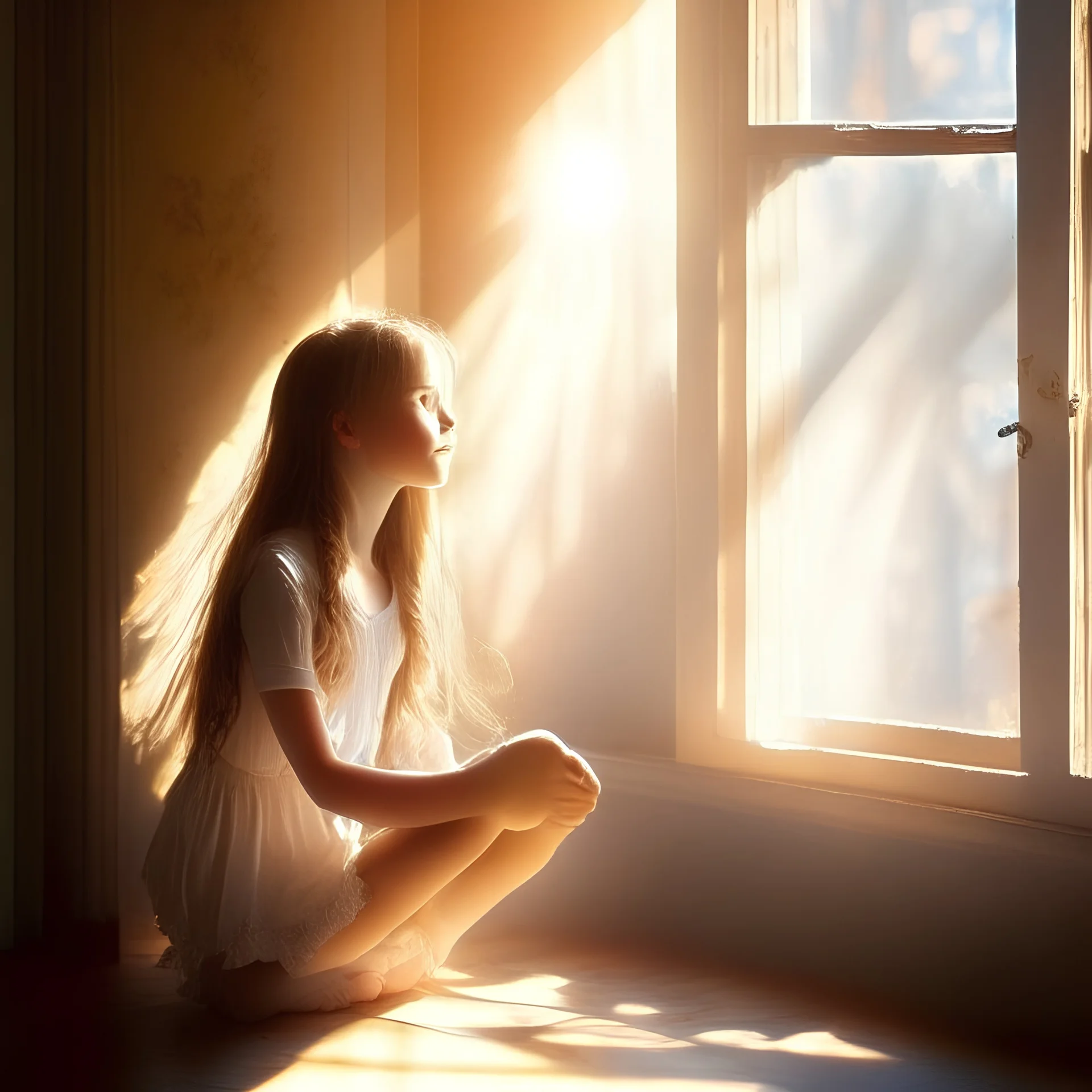 Beautiful girl sitting, Sunlight entering the room, window