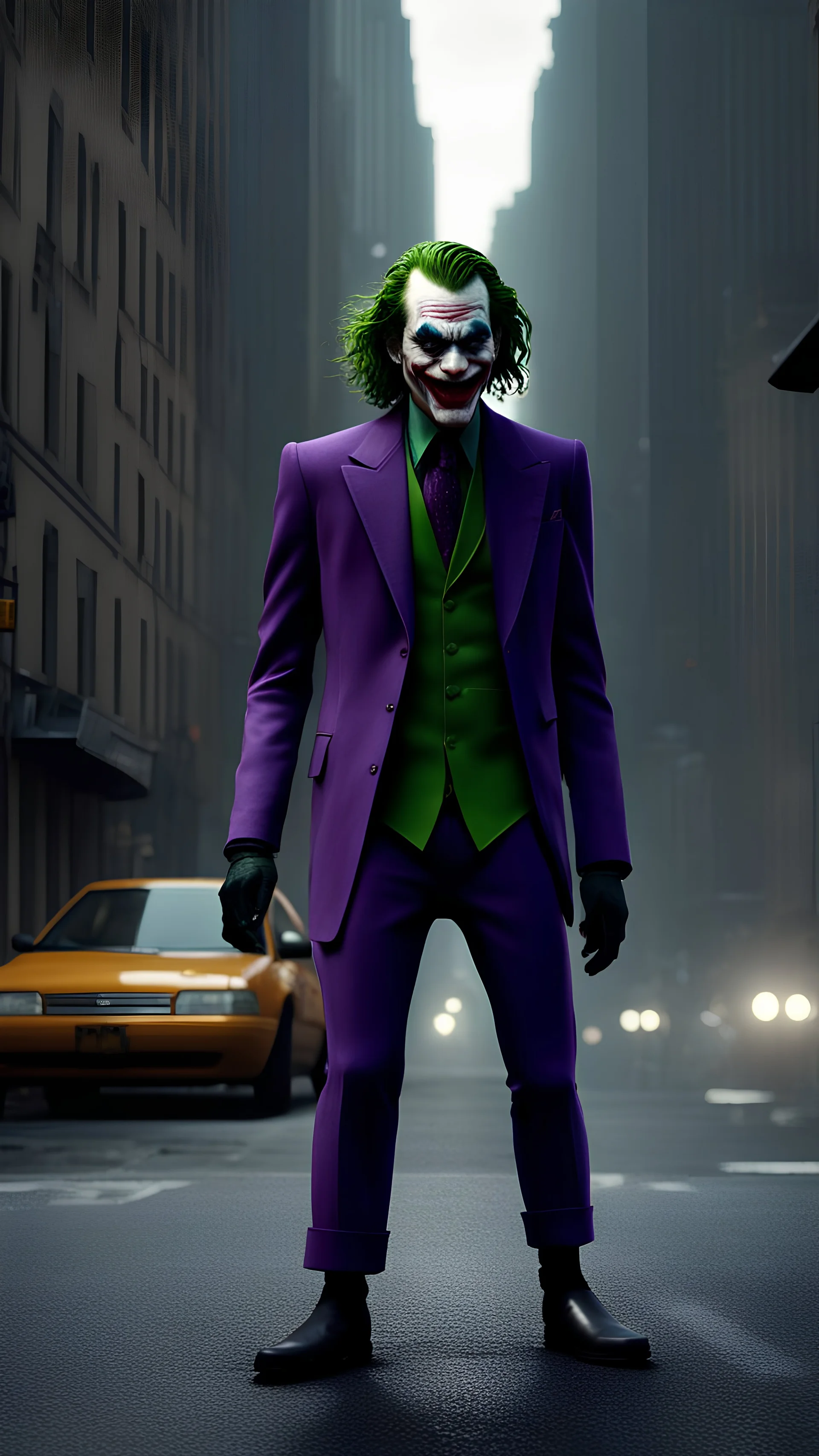 Joker, as he stands in the middle of the street, his face contorted into a menacing snarl, and the caliph of a dark street, hyper realistic, 8k, ultra hd, pixar style, disney stile, cinema 4d, --ar 3:2