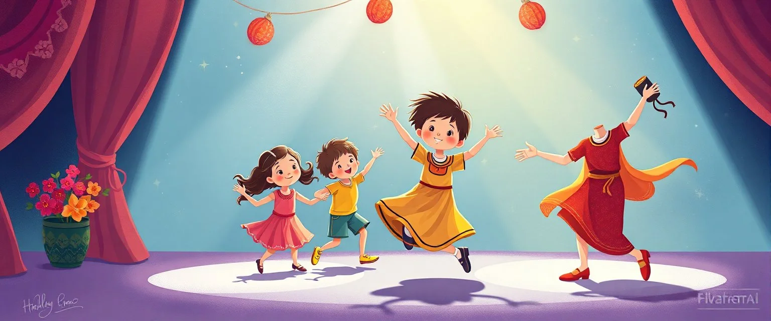 illustration of preschool children playing and dancing. fantastic lighting, chaabi children's book proportions