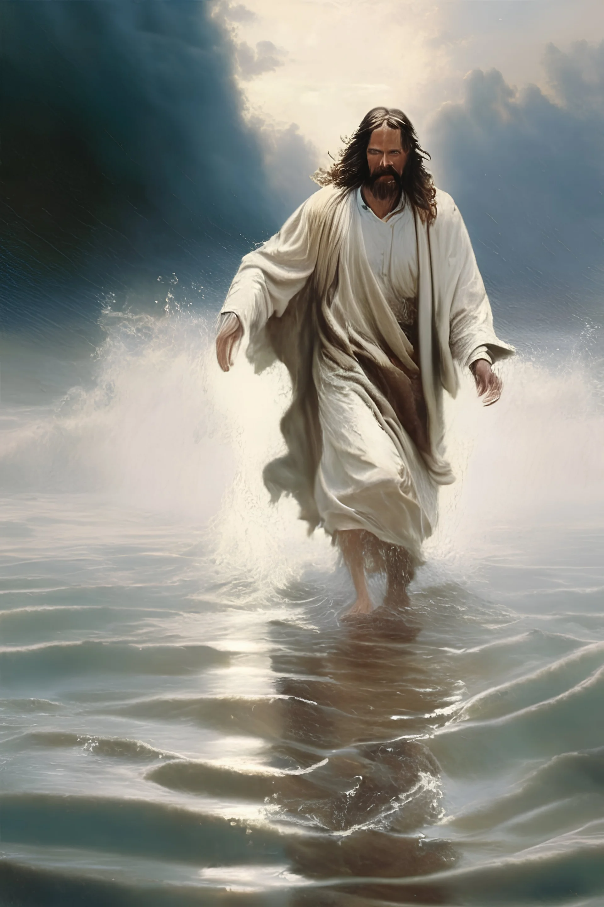 Peter walking on water going to Jesus Christ