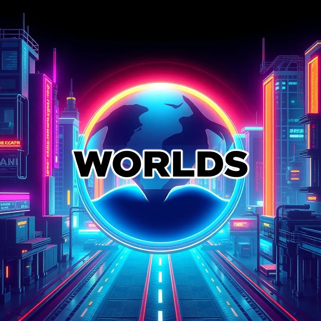 create a nice cool logo background for my account the image must show Worlds Non Existed and Reality and Reimagined , future modern city and future modern industry ,vibrant metallic colors .1:1 ratio. no text should displayed