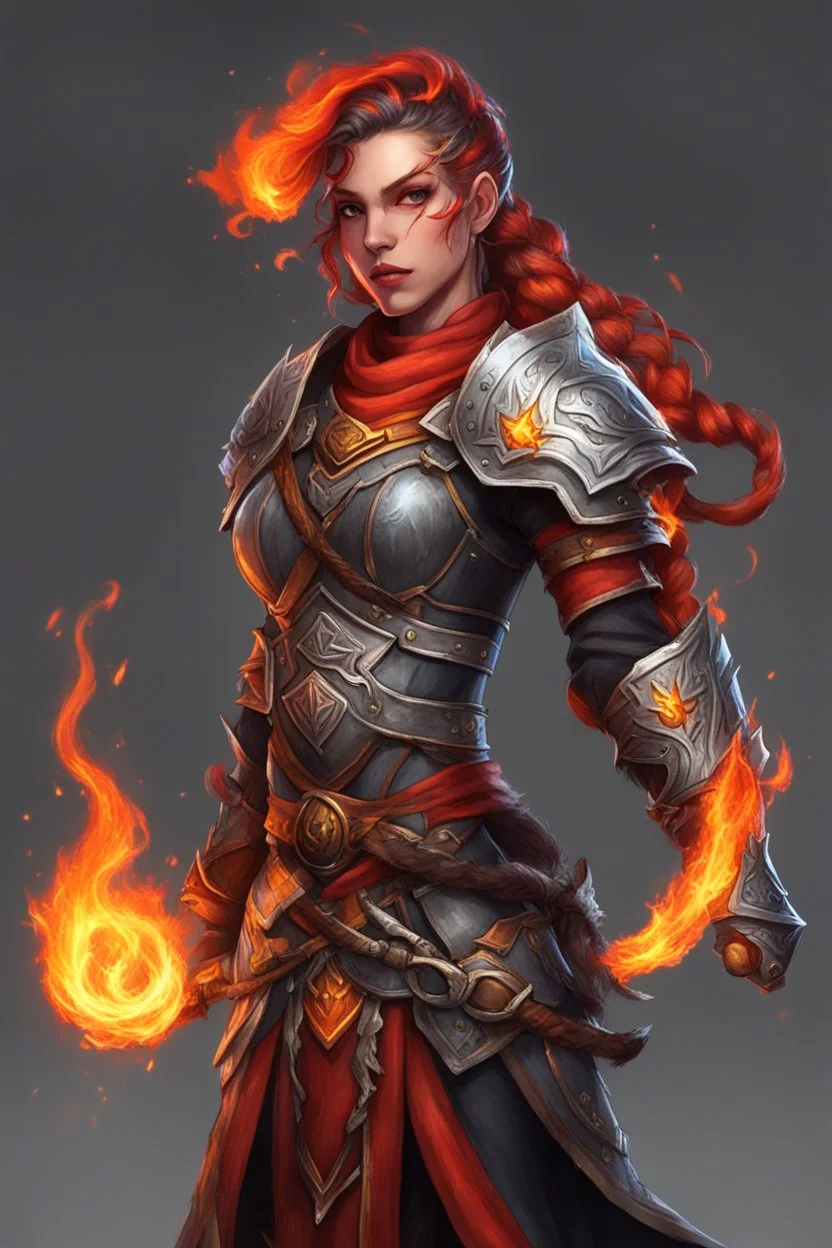 Paladin. Druid. Femail. Hair is light black and is on fire. Hair is half braided. Eyes are big and bright red, glows. Makes fire from hands. Light armored. Big scar on face