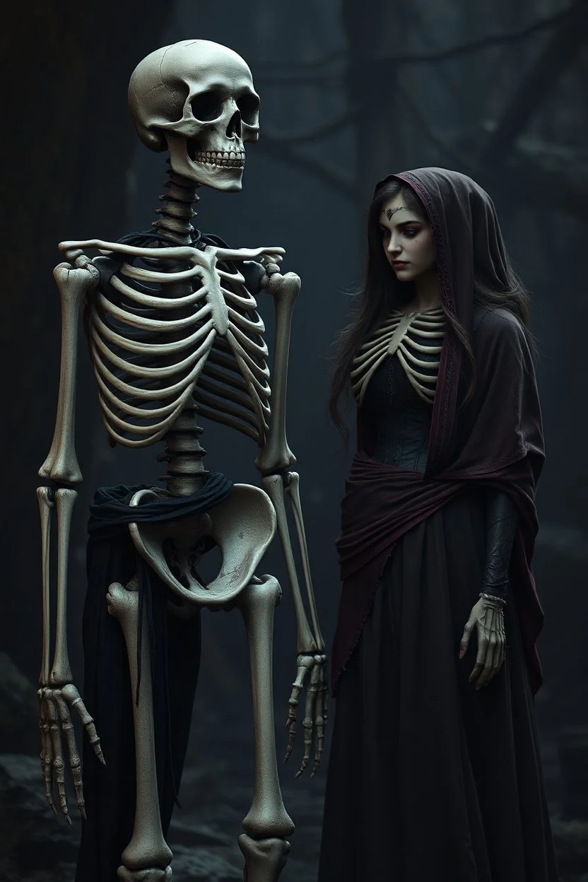 Skeleton standing next to a woman, gothic setting, dark fantasy, photorealistic. 4k