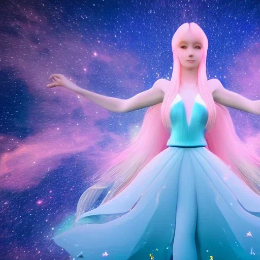 Full body with legs and feet white woman with legs, long blond hair, blue eyes, pink and blue dress in a galactic ambiance, delicate colors in the foreground, full of face details, smooth, light effect，vaporwave colorful, smooth, extremely sharp detail, finely tuned detail, ultra high definition, 8 k, unreal engine 5, ultra sharp focus