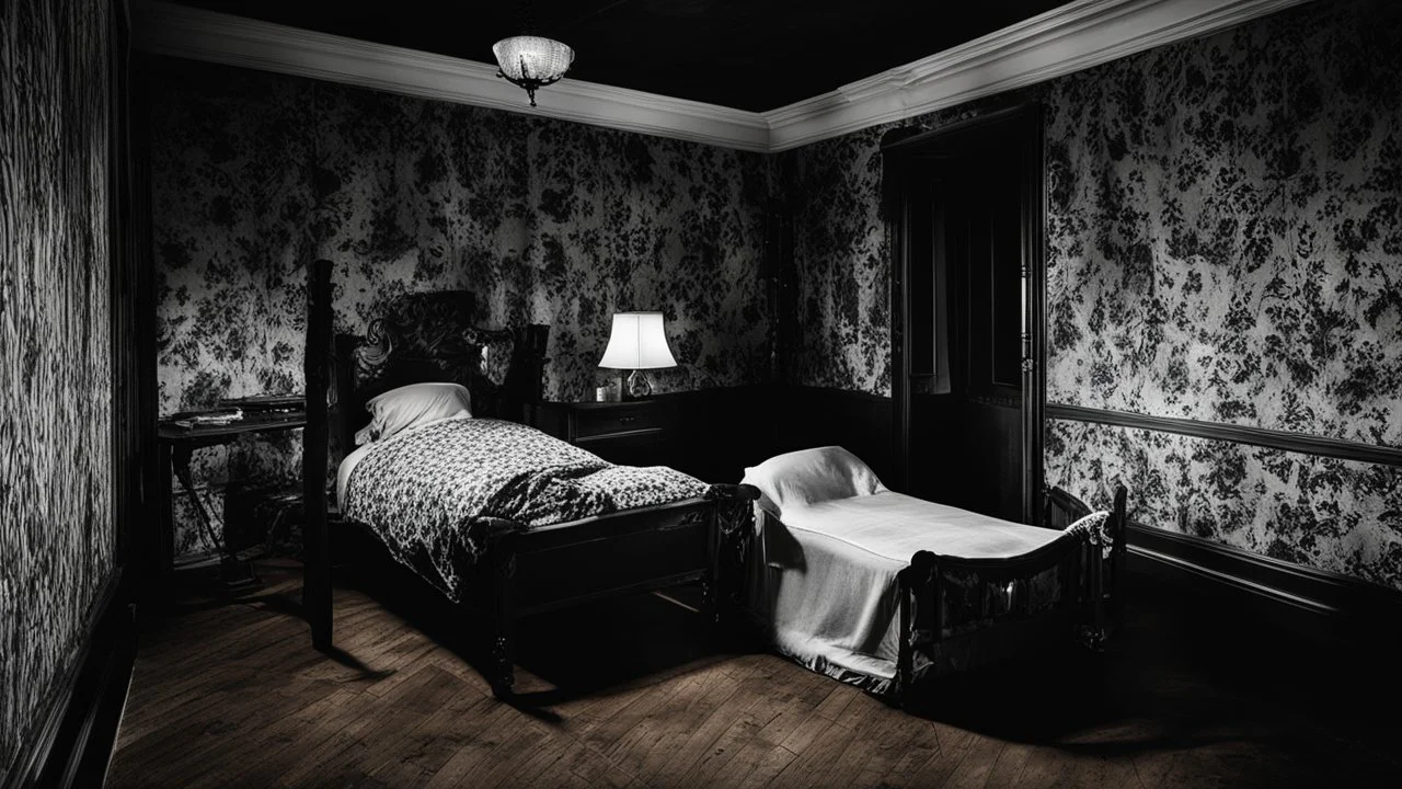 The seedy boarding house is bathed in a stark, high-contrast film noir lighting style reminiscent of classic Hollywood cinema, each cot containing a distinct character with 1930s inspired attire, cluttered room with vintage wallpaper peeling off the walls, shadows dancing dramatically across the worn wooden floorboards, creating a sense of intrigue and mystery