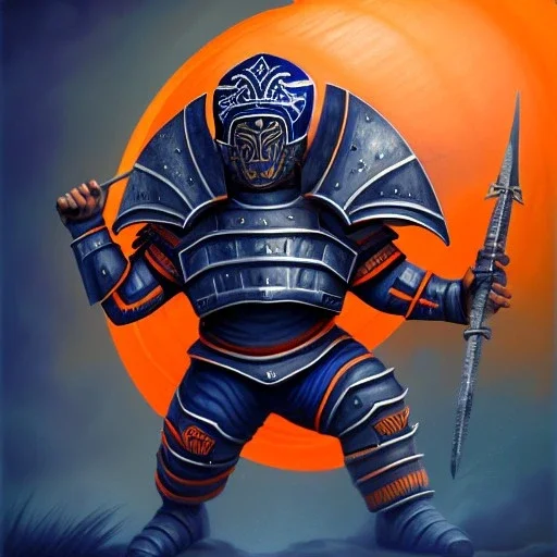 a fierce warrior in full navy blue and orange battle armor, with an S-shaped shield, holding a basketball, background of Inka jungle, a highly detailed illustration, realistic render, 8 k, micro detail, intricate, elegant, centered, digital painting, Artstation, smooth, sharp focus, illustration, artgerm, tomasz alen kopera, peter mohrbacher, donato giancola, joseph christian leyendecker, wlop, boris vallejo