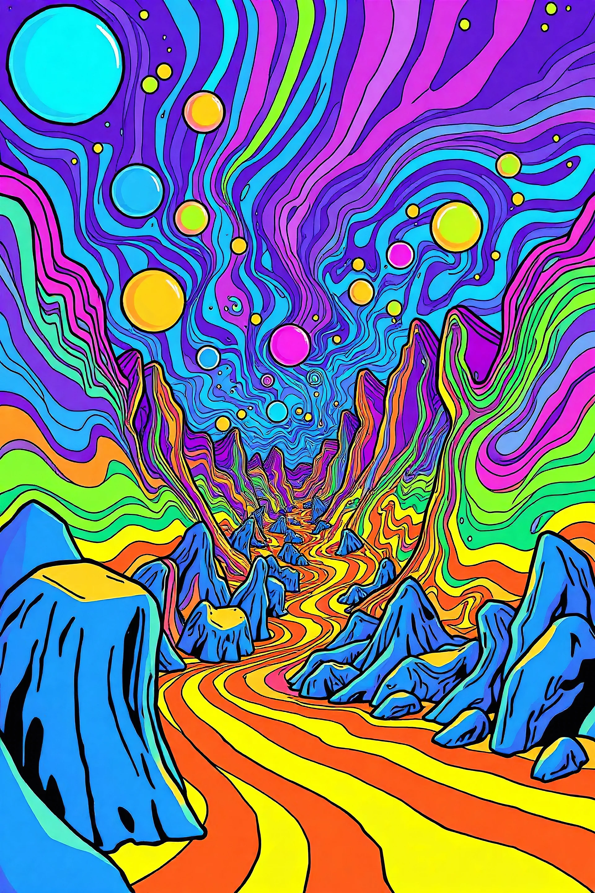 surrealism art, psychedelic cartoon illustration with wavy Kaleidoscopic