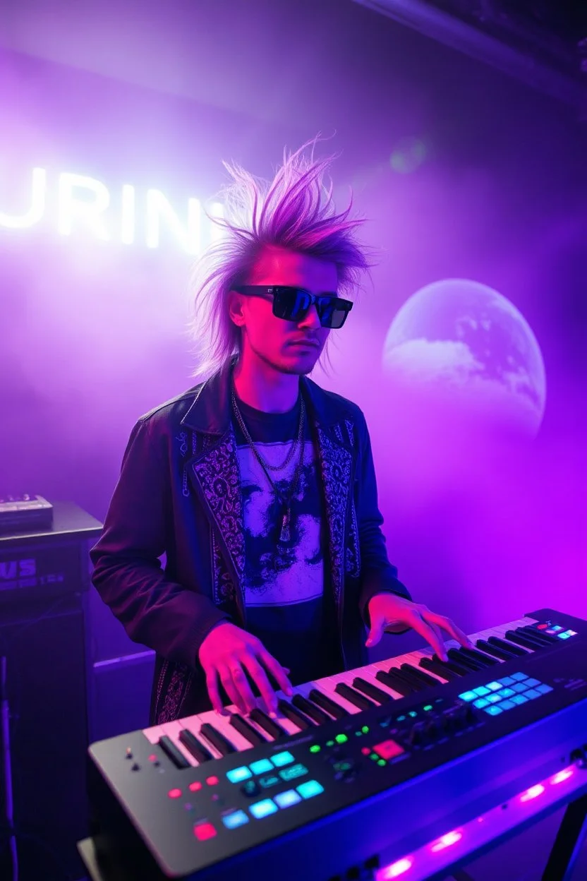 French cool synth player with crazy techno acid hair, he is called "Jean-Maurice Brûlée" performing at dance club, his name is "Jean-Maurice Brûlée" , white and purple Neon lights and purple smog, and "URINIUM" big sign on the wall, he is playing on synthesizers on stage with lot of laser beams and wearing black sunglasses, an earth is projected in background