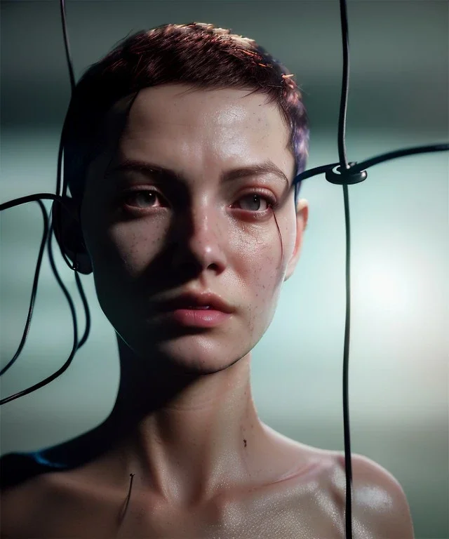 Ultra realistic photographic night portrait, cinematic, naked, short hair <sexy woman> <hanging wires> many wires coming out of the head <perfect pupil> <cyborg> <garage> <wide angle Shot> <sci-fi futuristic> <thriller>, fog, soft color, highly detailed, unreal engine 5, ray tracing, RTX, lumen lighting, ultra detail, volumetric lighting, high definition.