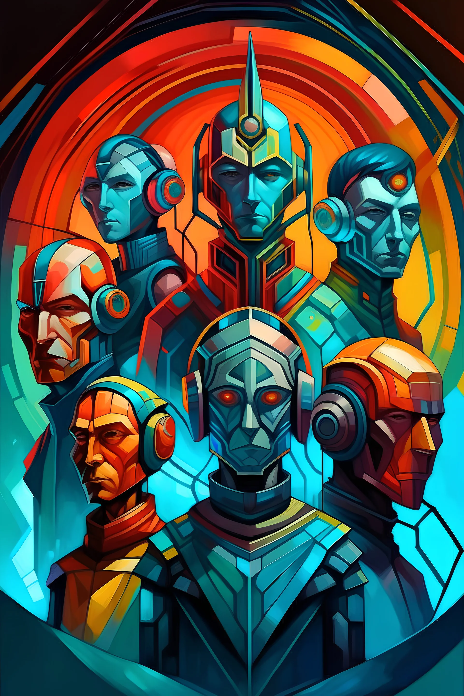 Portrait of a virtual band named The Quantum Alternative. They are all very cartoony and sci fi. Geometric style, oil painting, six members