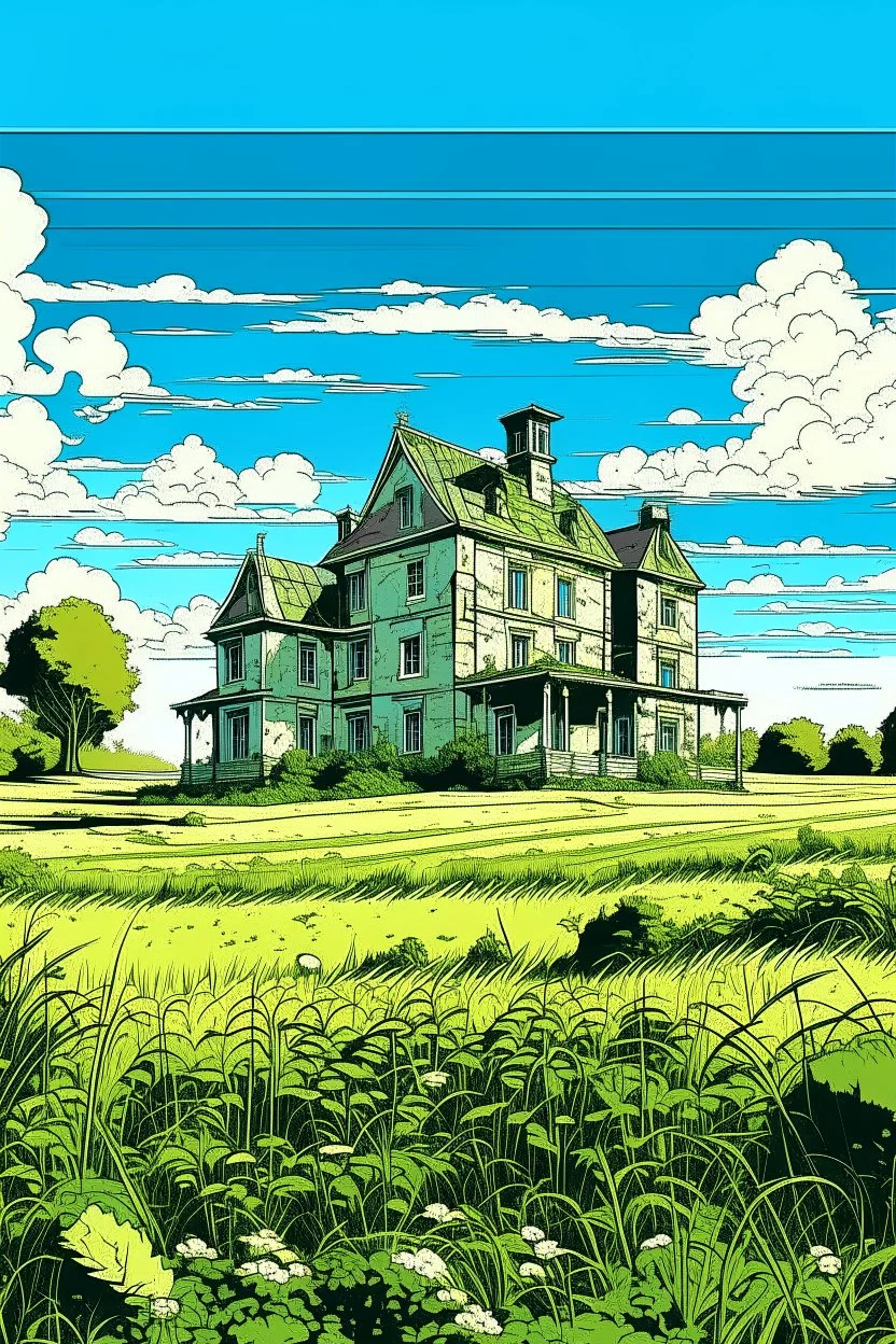 Disused, Victorian Manor House, Blue Sky, Over-Grown Fields, Vector Art