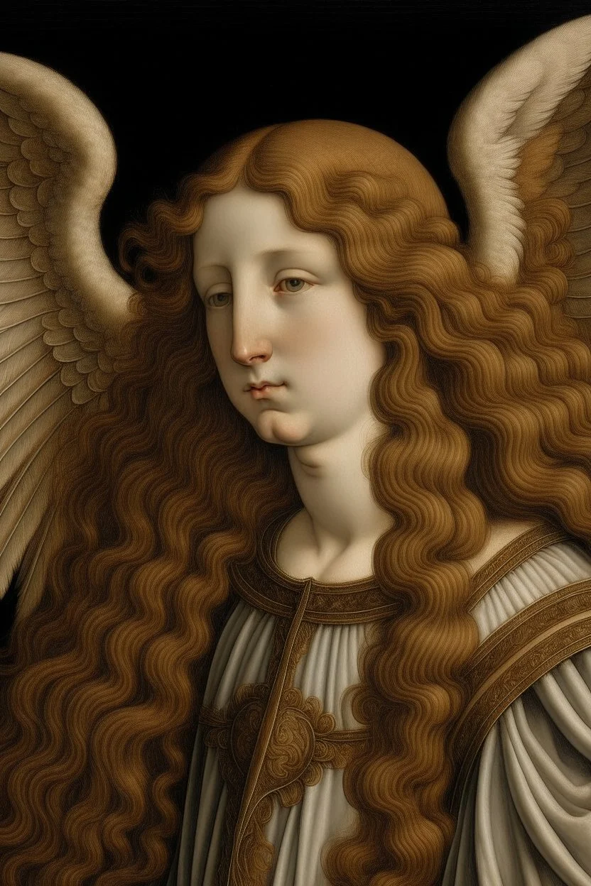 An Angel with long Aubern hair in the style of William Botticelli