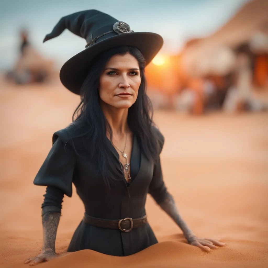 corey feldman as a female witch on a orange sand beach ,bokeh like f/0.8, tilt-shift lens 8k, high detail, smooth render, down-light, unreal engine