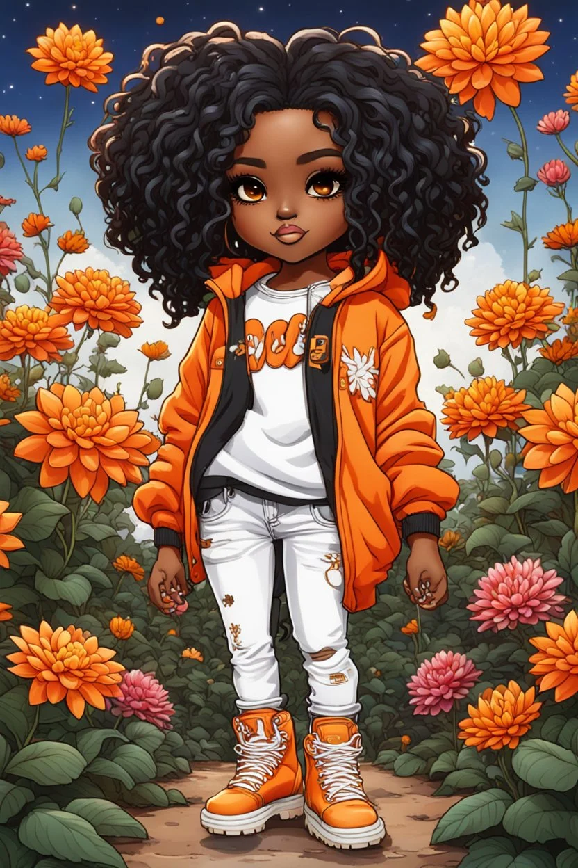 Create an colorful psychedelic comic book illustration of a chibi cartoon black female thick curvy wearing a cut of orange and white hoodie and white jeans and timberland boots. Prominent make up with long lashes and hazel eyes. Highly detailed shiny sister locs. Background of a large orange and white dahlia flowers all around her