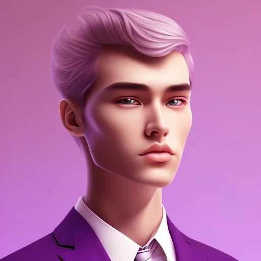 man, cute face, white highlight hair, brown eye, white, skin, purple suits, futuristic, science, purple, blue, pink background lighting, technology, profile, asian boy, square face