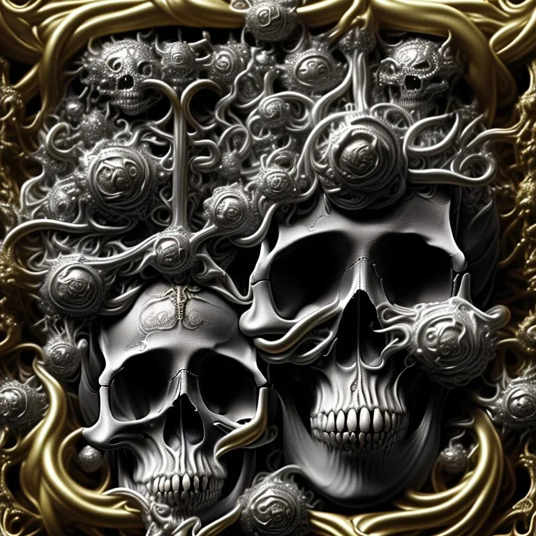 the source of future growth dramatic, elaborate emotive metallic Baroque and Rococo styles to emphasise death as a transcendental, seamless pattern, symmetrical, large motifs, sistine chapel ceiling, 8k image, sharp focus, gothic mothifs and (skulls:1) in rococo style, black metal forge, black colors, perfect symmetry, 3D, no blur, sharp focus, photorealistic, insanely detailed and intricate, cinematic lighting, Octane render, epic scene, 8K