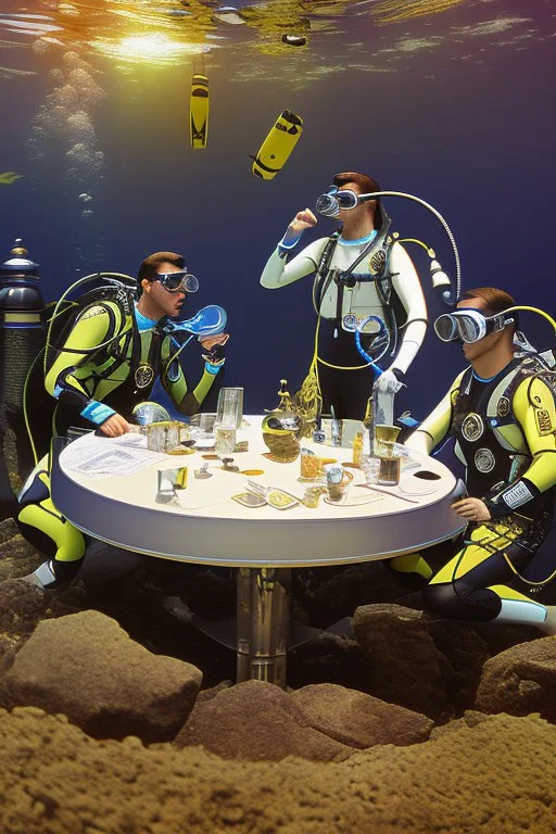 Drawing of 2 divers with full diving gear on, goggles, flip flops and suits are sitting outside at a round table having tea