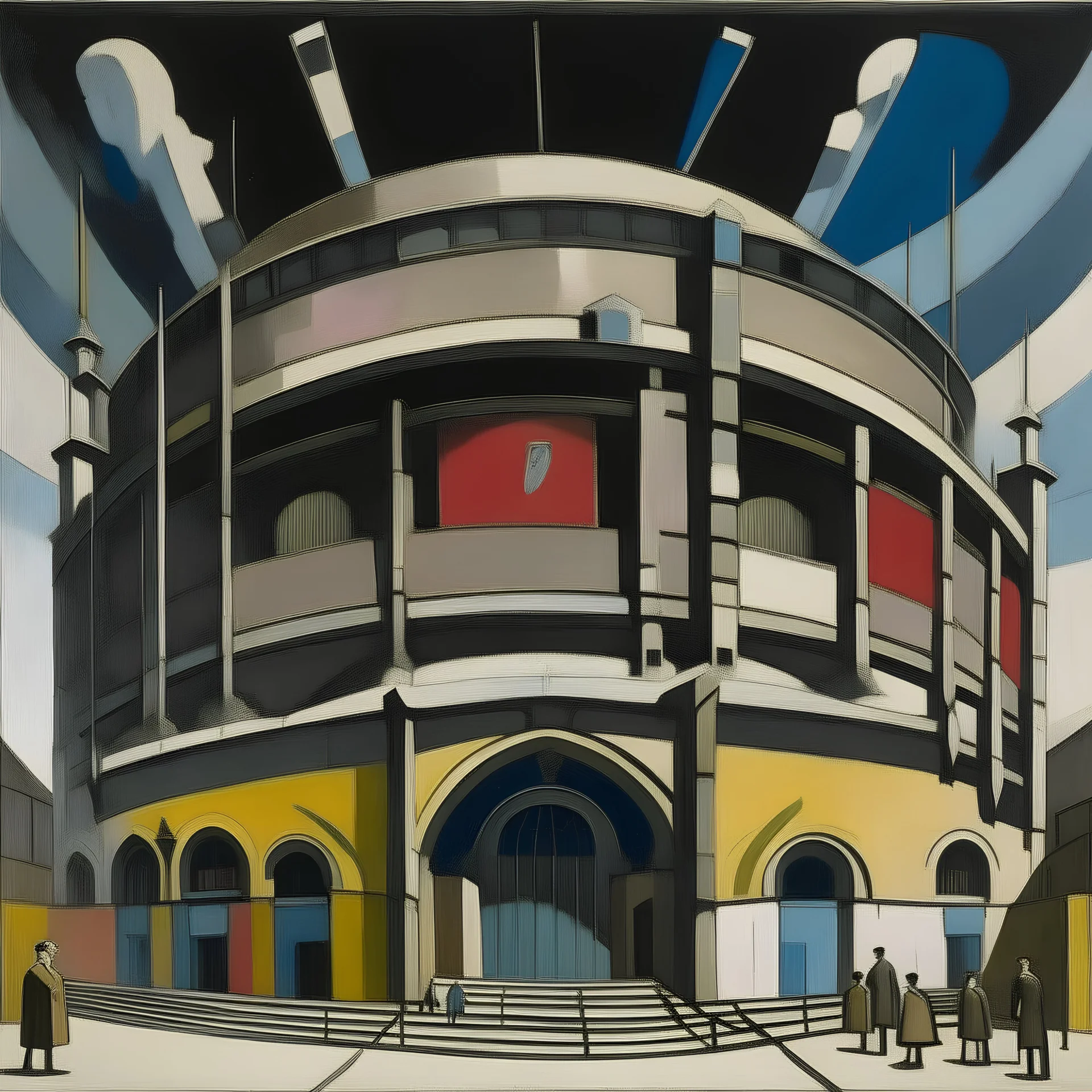 A grayish brown coliseum with swords on the entrance painted by Wassily Kandinsky