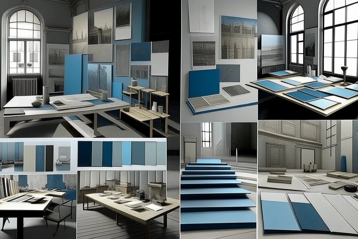 mood board for architectural graduation project and its a museum and the colors are blue and grey and the furniture for a paintings museum and show the color plates