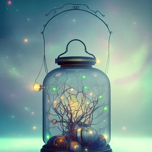 glowing fireflies in a lantern, many ghostly lights inside a belljar, fairy lights, polaroid, symmetry, bioluminescence, luminescent glow, moody, tender, photorealistic, octane render, golden hour