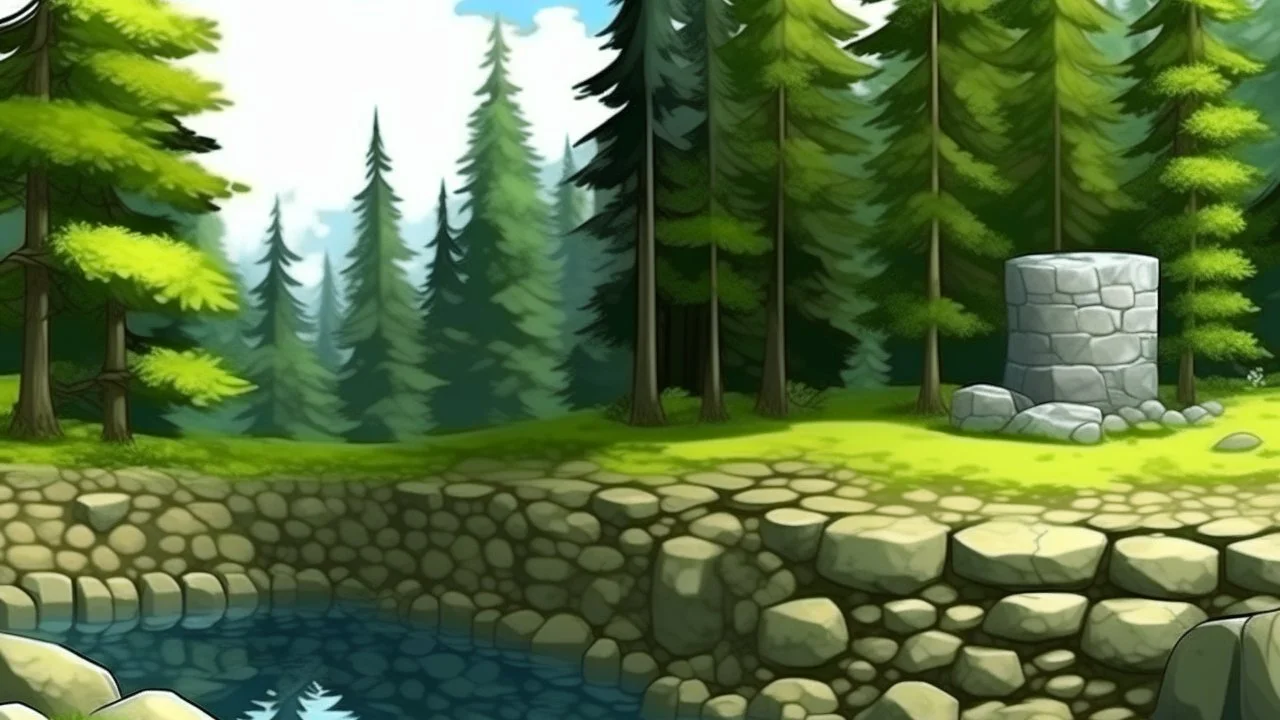 very high stone wall in fir tree forest with small pool of water in front in digital art