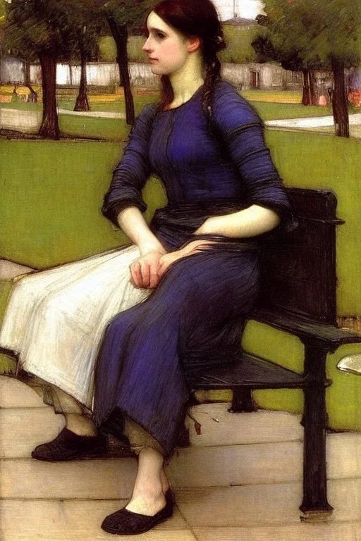 Woman sitting on a park bench. John William Waterhouse