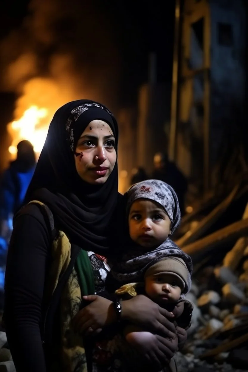 Palestinian girl wears Palestinian keffiyeh Carrying a nude small child ,at witer , Destroyed Buildings , with a Explosions, at night