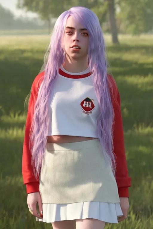 Billie Eilish, white stockings, skirt, t-shirt