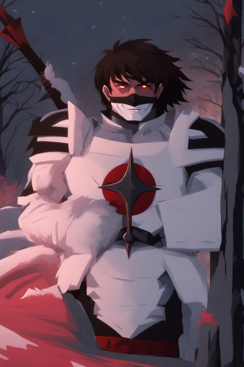 The character, in a striking white armour against a wintry backdrop stands with his arms behind his back inside the scene, he has a red and black circular symbol on his chest like a shield, a black pointed spear with a red handle on his back, His eyes are showing a dynamic expression and he wears a black oni with white sharp teeth on it covering the bottom part of his mouth he has brown shoulder pads and a white belt with a bag attached to it. He has dark brown hair, he does not wear a helmet.