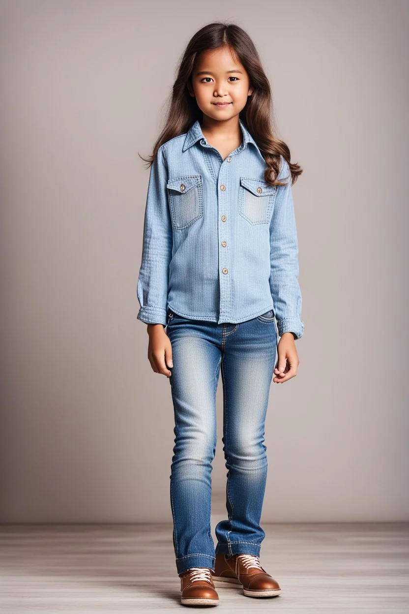 Little 8 years old 1girl wearing a pretty shirt and jean pant, standing pose