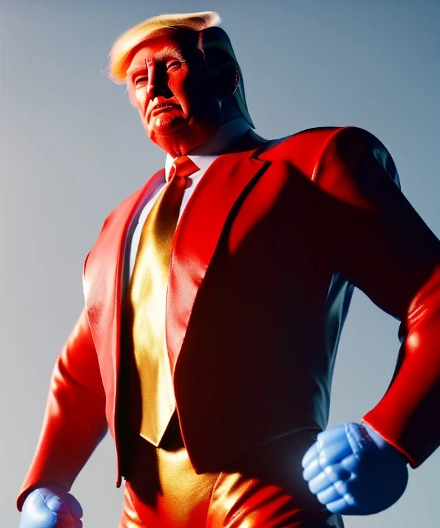 Donald trump fighter wrestling, naked torso, color breeches, suspenders, retro style, 80s, hot ambient, photo studio, red, gold, vibrant color, gradient, highly detailed, art stations, concept art, smooth, unreal engine 5, god rays, ray tracing, RTX, lumen lighting, ultra detail, volumetric lighting, 3d, finely drawn, high definition, high resolution.